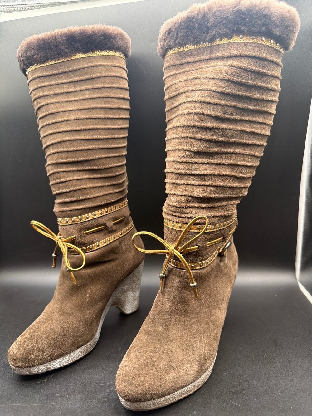 Cole Haan Womens 5.5 B Brown Suede Tall Ruched Wedge Boots Fur Trim B30708